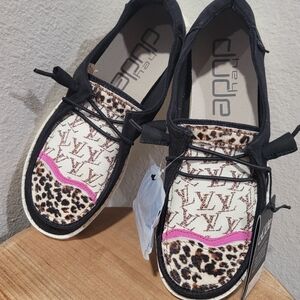 Hey Dude Animal Print Shoes with Pink Trim